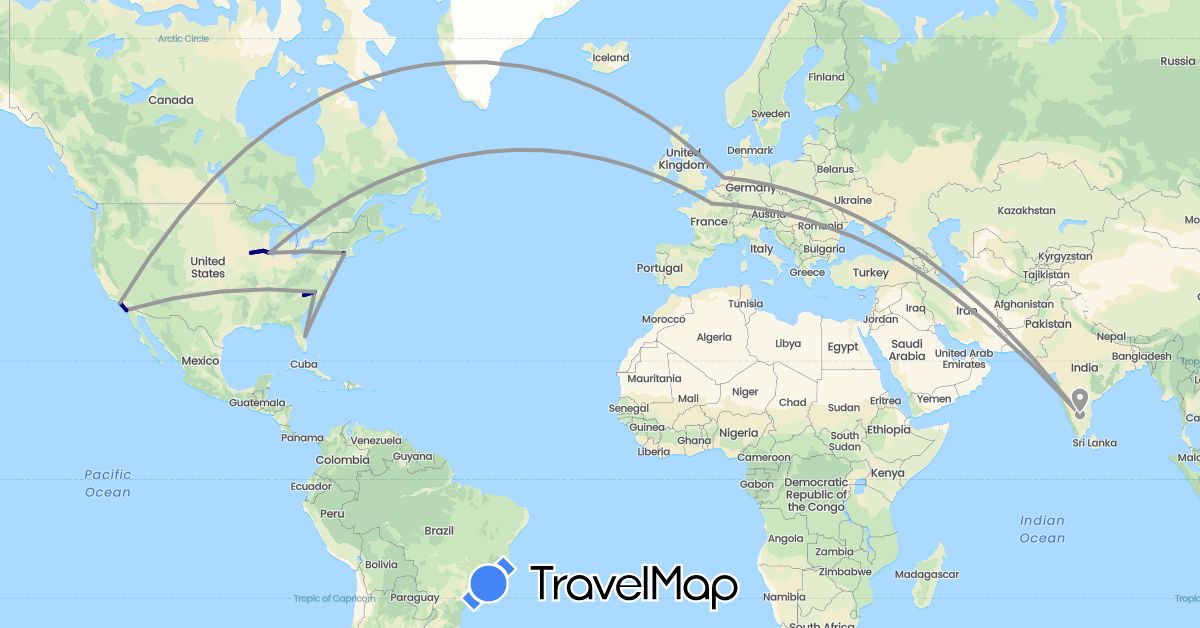 TravelMap itinerary: driving, plane in France, India, Netherlands, United States (Asia, Europe, North America)